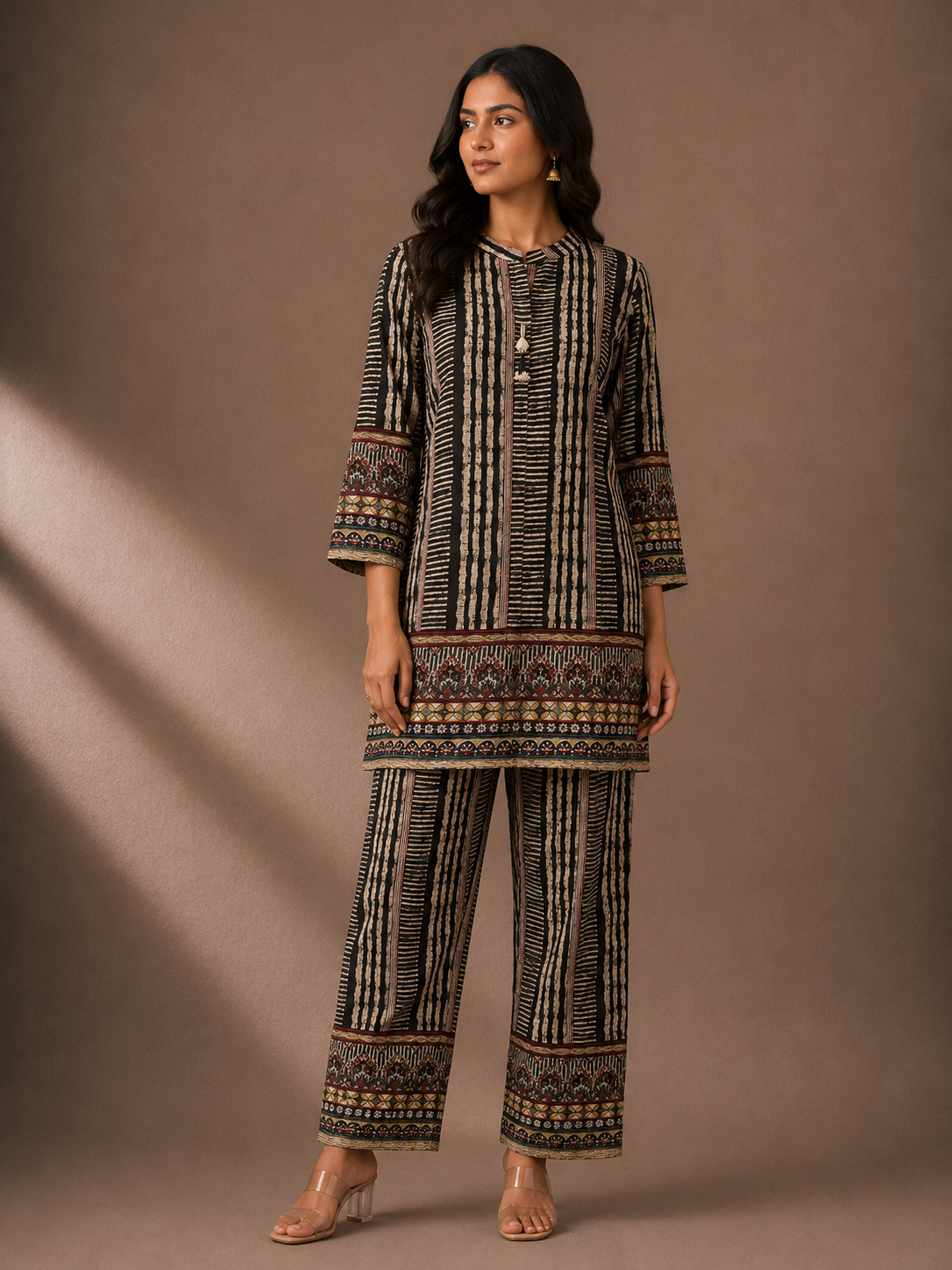 Black & Beige Printed Silk Blend Kurta Pant Set